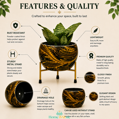 Black and golden abstract metal planter with gold stand showcasing rust-resistant finish, drainage hole, glossy finish and premium metal construction