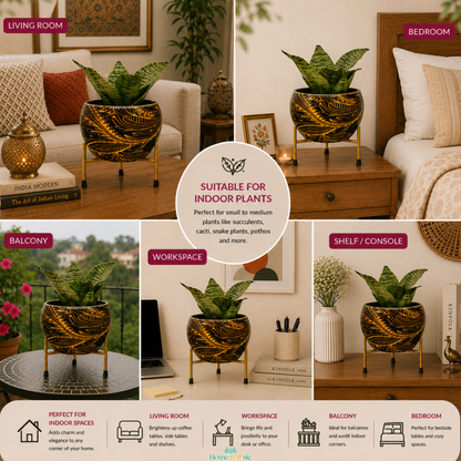 Black and golden abstract metal planter with gold stand styled with a snake plant in living room, bedroom, balcony, workspace and shelf settings