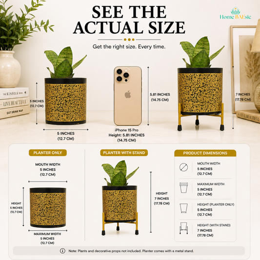 Size reference infographic for the Black Golden Vines Planter, showing the 5-inch planter alongside an iPhone for scale and the planter with its metal stand at 7 inches tall. Dimensions include a 5-inch mouth width, 5-inch maximum width, 5-inch planter height, and 7-inch height with stand.