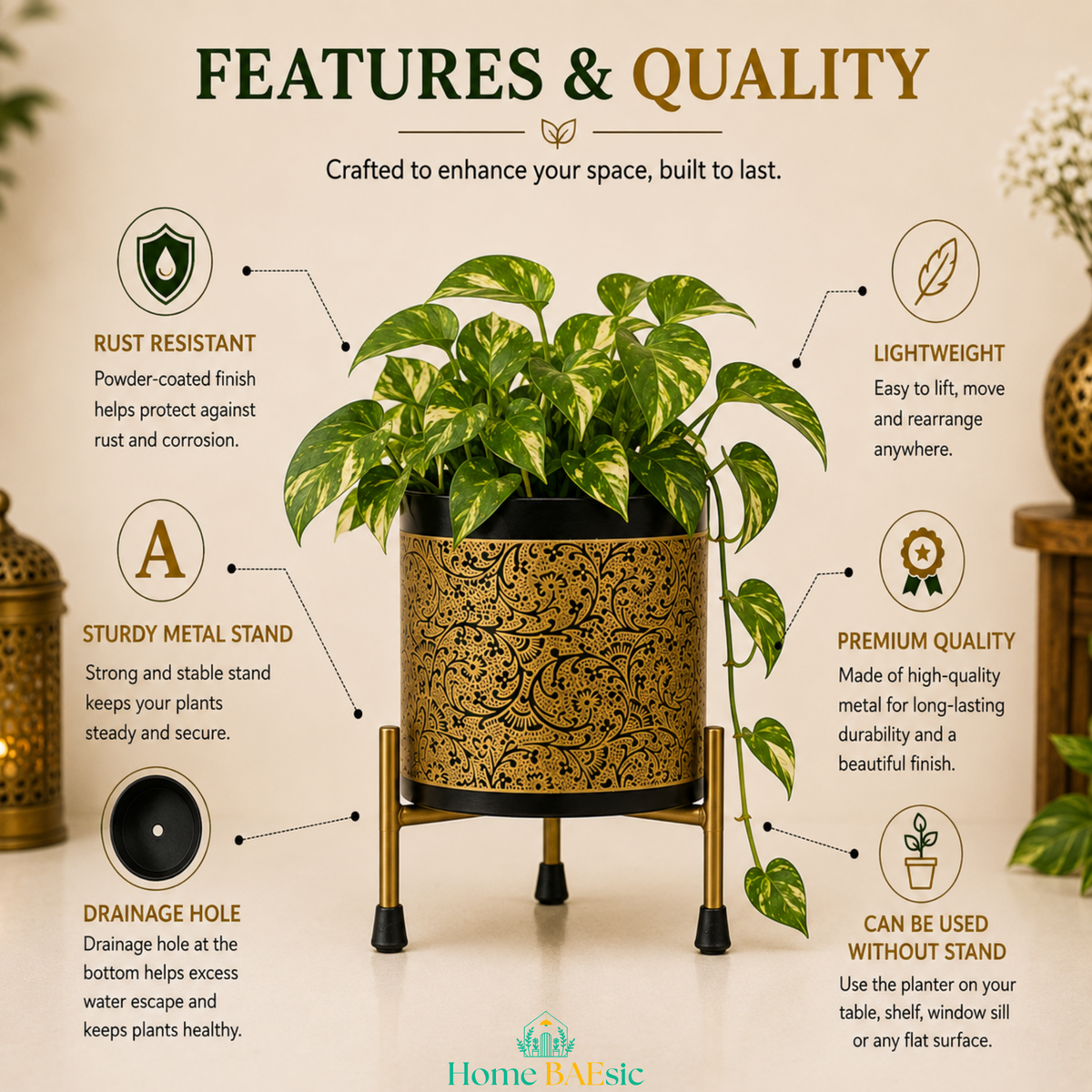 Black and gold Vines metal planter with trailing pothos plant on a sturdy metal stand, with callouts highlighting rust resistance, lightweight design, premium metal quality, drainage hole, sturdy stand, and use without stand.