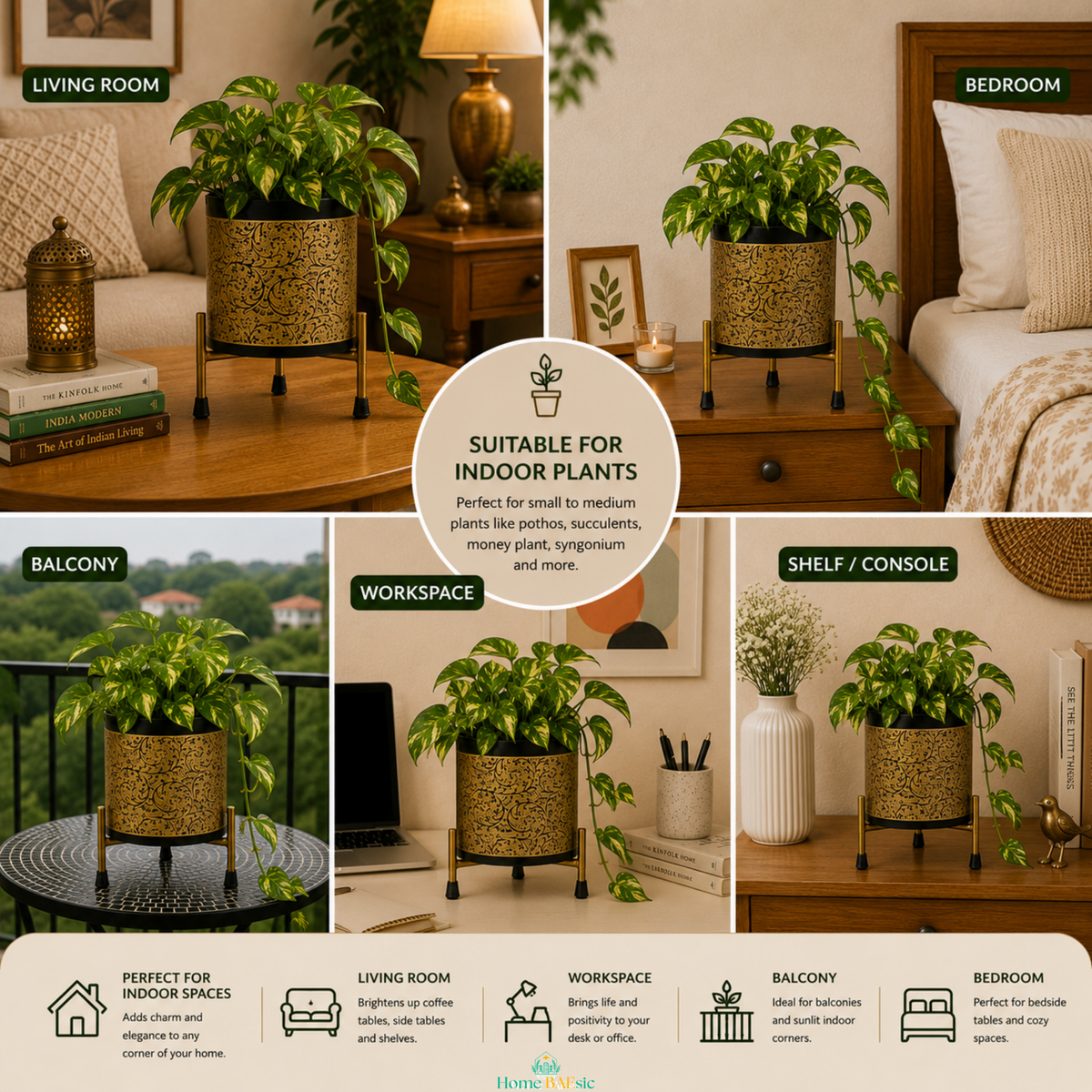 Black Golden Vines metal planter shown in living room, bedroom, balcony, workspace, and shelf settings