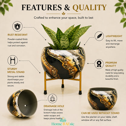 An infographic detailing the features and quality of a Black marble gold metal planter with a green snake plant, showing multiple angles with text callouts on a light beige background for rust-resistant finish, lightweight design, drainage hole and premium quality