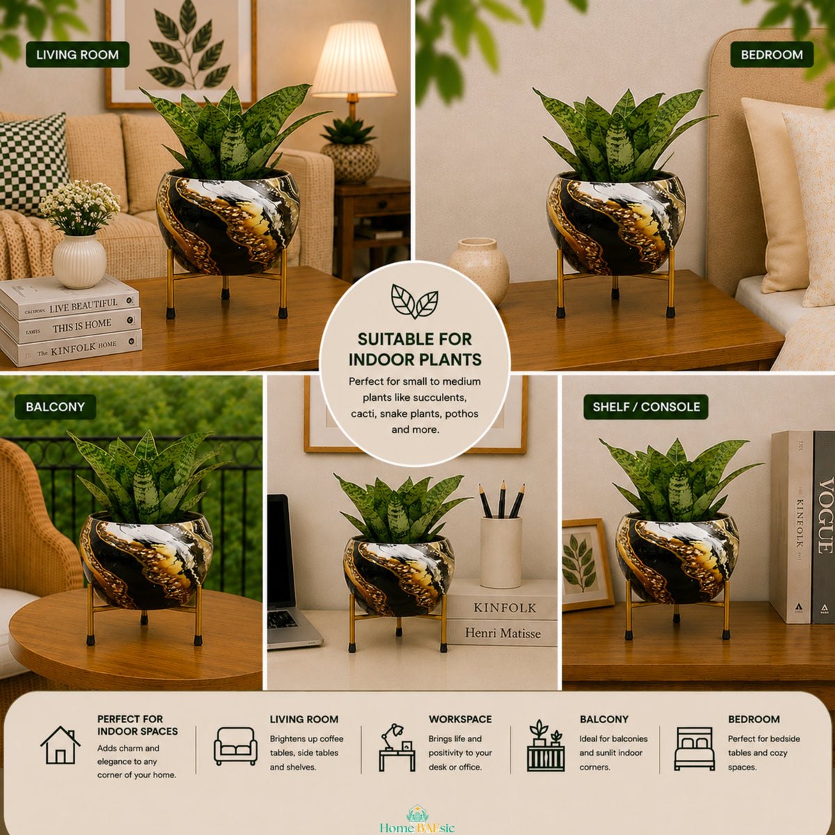A promotional collage showing a decorative Black marble gold metallic planter with a gold and black marbled pattern, holding a green snake plant, displayed in multiple indoor settings including living room, bedroom, balcony, and shelf/console. Text overlays describe suitability for indoor plants and listing benefits.
