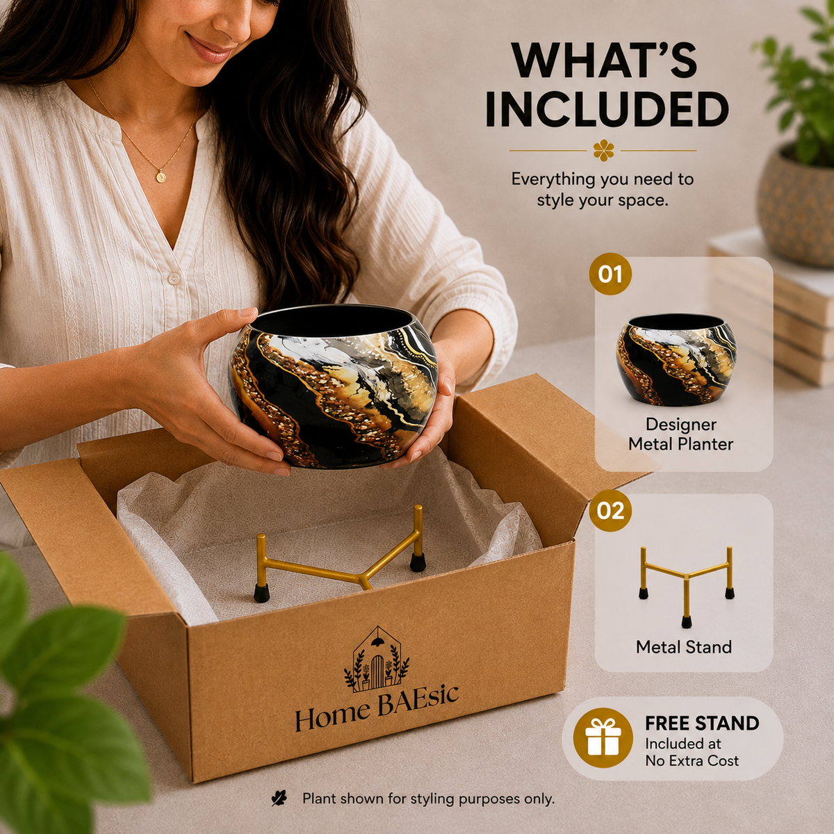 A woman holds a black and gold marbled metal planter over an open cardboard box labeled Home BAEsic, with included accessories and a 'What's Included' infographic shown on a light gray background.