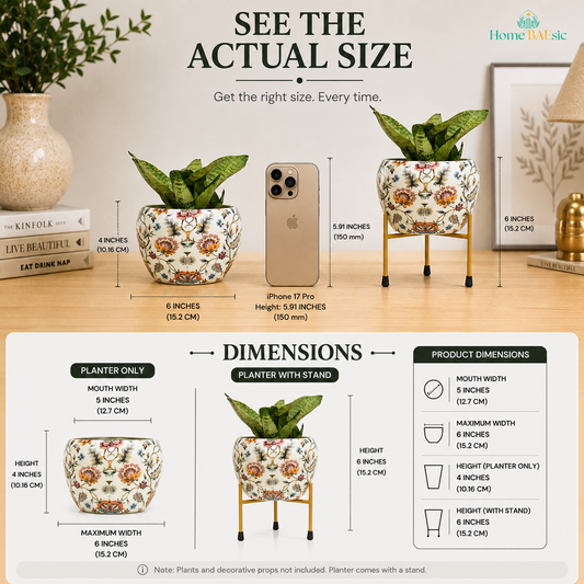 Blossom Paradise floral metal planter size guide showing 5-inch mouth width, 6-inch maximum width, 4-inch planter height and 6-inch height with stand