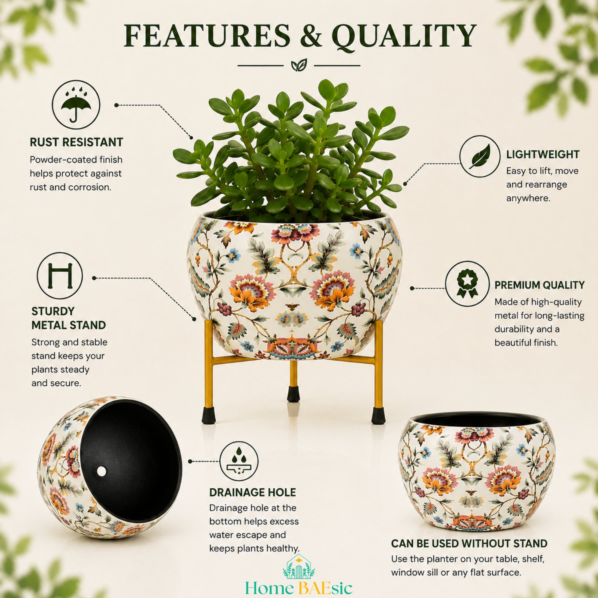 Blossom Paradise floral metal planter with jade plant showing rust-resistant finish, sturdy stand, drainage hole and premium quality features