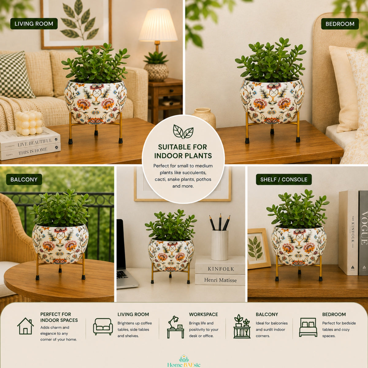Blossom Paradise floral metal planter with jade plant displayed in living room, bedroom, balcony, workspace and shelf settings