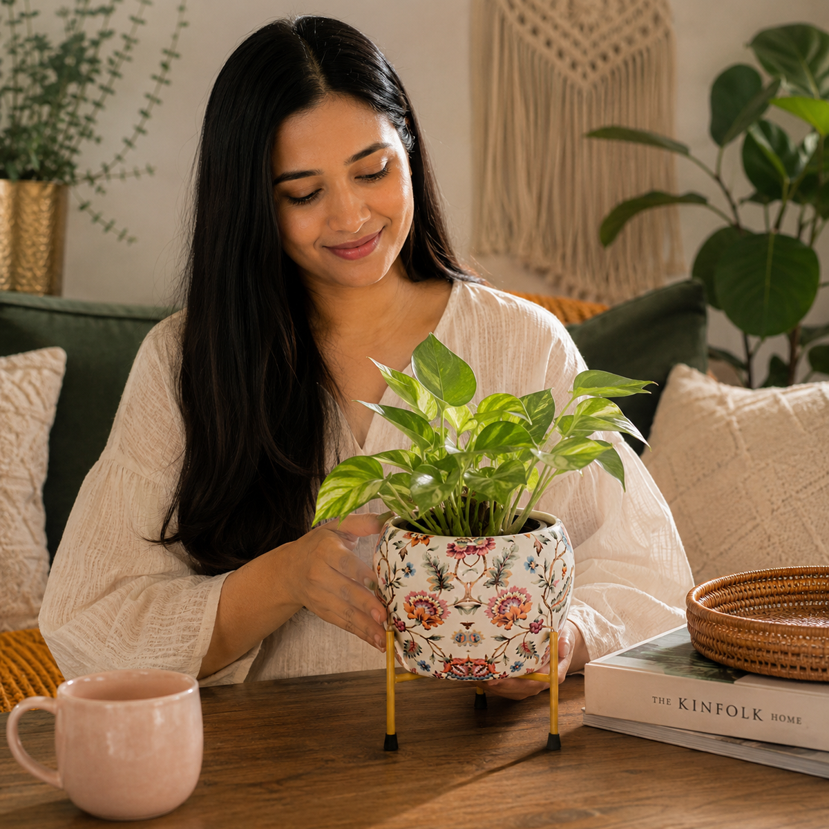 Blossom Paradise metal planter styled with a jade plant on a coffee table