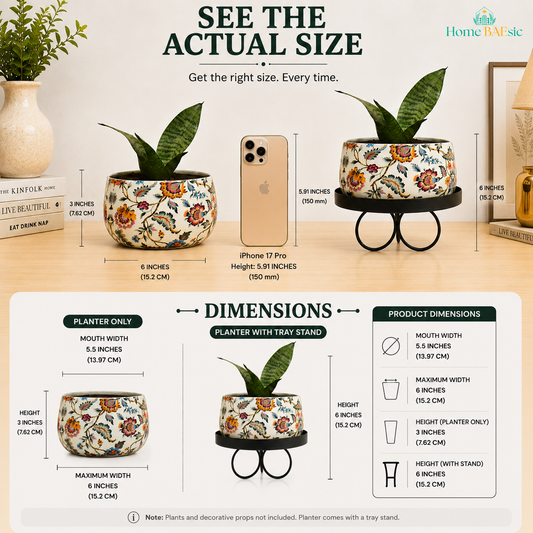 Blossom Paradise Planter with Tray Stand size and dimension infographic showing a white floral-patterned planter with colorful flowers and a black loop-leg tray stand. The infographic compares the planter alone and with the stand and shows a 5.5-inch mouth width, 6-inch maximum width, 3-inch planter height, and 6-inch total height with tray stand, with an iPhone 17 Pro included as a size reference. Plants and decorative props are not included.