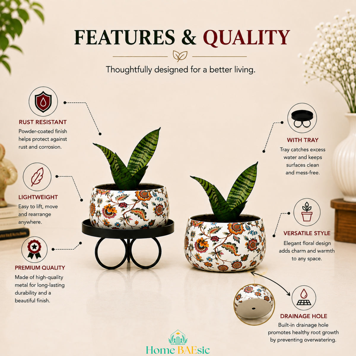 Blossom Paradise floral metal planter shown with and without its black tray stand, highlighting rust-resistant finish, lightweight construction, premium metal quality, versatile design, and drainage hole.