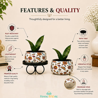 Blossom Paradise floral metal planter shown with and without its black tray stand, highlighting rust-resistant finish, lightweight construction, premium metal quality, versatile design, and drainage hole.