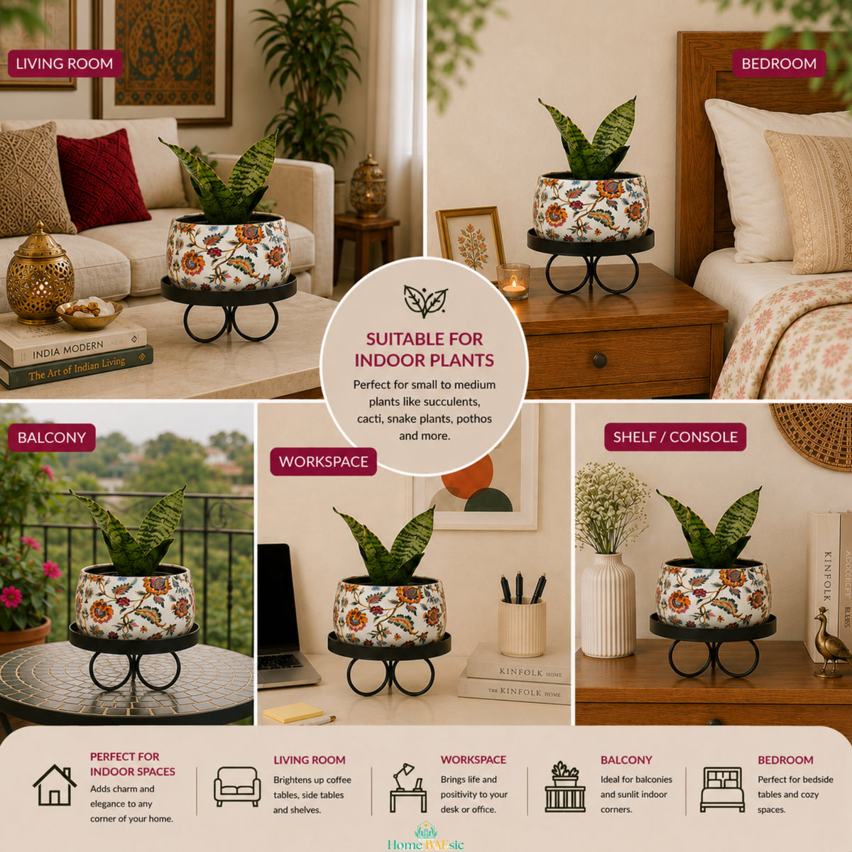 Blossom Paradise floral metal planter with black tray stand styled with a snake plant across a living room, bedroom, balcony, workspace, and shelf or console.