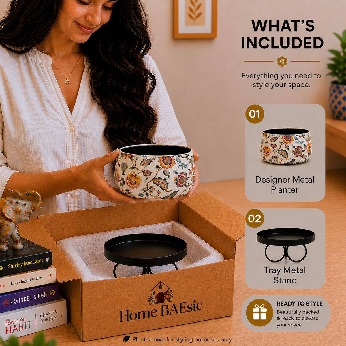 What's included: Blossom Paradise floral metal planter, matching tripod tray stand, and Home BAEsic packaging