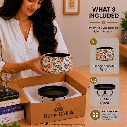 A woman holds a floral metal planter pot in front of an open cardboard box labeled Home BAEsic, with a tray metal stand inside. The scene includes a 'What's Included' panel showing the planter and tray stand.