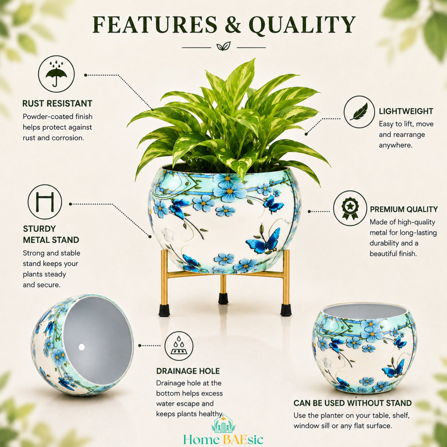 Blue Butterfly Floral metal planter with golden metal stand showing rust resistant finish, lightweight design, drainage hole, sturdy metal stand and premium quality features