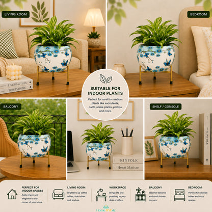 A five-panel promotional collage showing a small potted succulent in a blue butterfly floral metal planter with gold-tone metal stand , placed in living room, bedroom, balcony, shelf/console, and workspace settings. A central circular badge reads 'Suitable for indoor plants' with additional usage text.