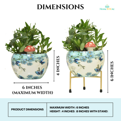 Blue Butterfly Floral Metal Planter With Metal Stand | Home & Garden | 6 Inches