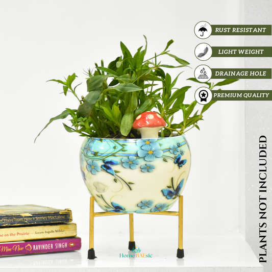 Blue Butterfly Floral Metal Planter With Metal Stand | Home & Garden | 6 Inches