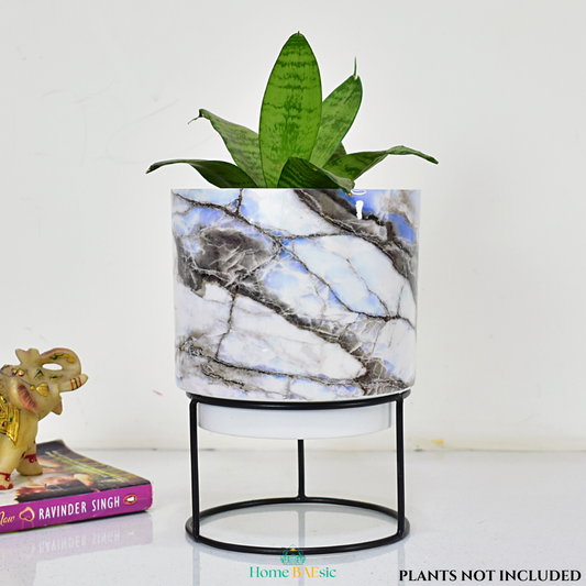 Blue Mist Marble Indoor Metal Planter With Metal Stand | Home & Garden | 6 Inches