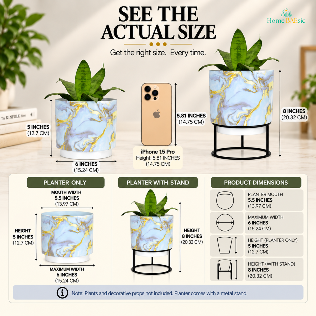 Home BAEsic Blue & Gold Marble designer metal tumbler planter size infographic showing the planter with and without its black metal stand alongside an iPhone 15 Pro for accurate size comparison. The planter measures 6 inches wide and 5 inches high, while the total height with stand is 8 inches. Additional specifications show a 5.5-inch mouth width, 6-inch maximum width, and 5-inch planter height. Plants and decorative props are not included; the metal stand is included.