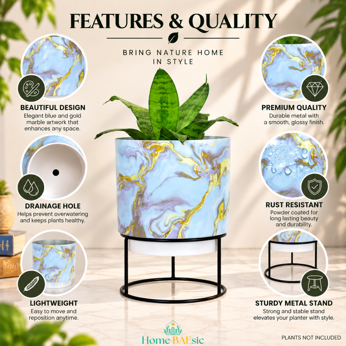 Blue & Gold Marble Tumbler Metal Planter with stand featuring elegant marble design, drainage hole, lightweight metal construction, rust-resistant finish, premium quality and sturdy black metal stand.