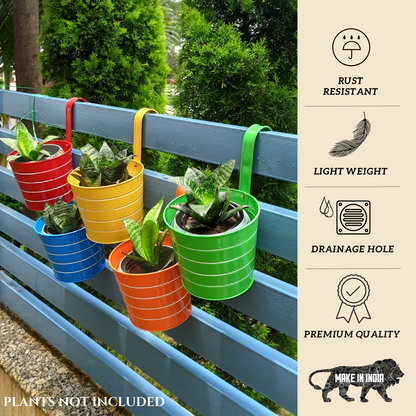 Bucket Shape Railing Metal Planters - Balcony | Home & Garden | Set of 5 Planters