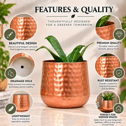 Copper Finish Hammered Tumbler Metal Planter – 6 Inch Indoor Pot | Home BAEsic