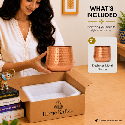 Copper hammered tumbler planter from Home BAEsic shown in hand with the planter featured in the What's Included display.