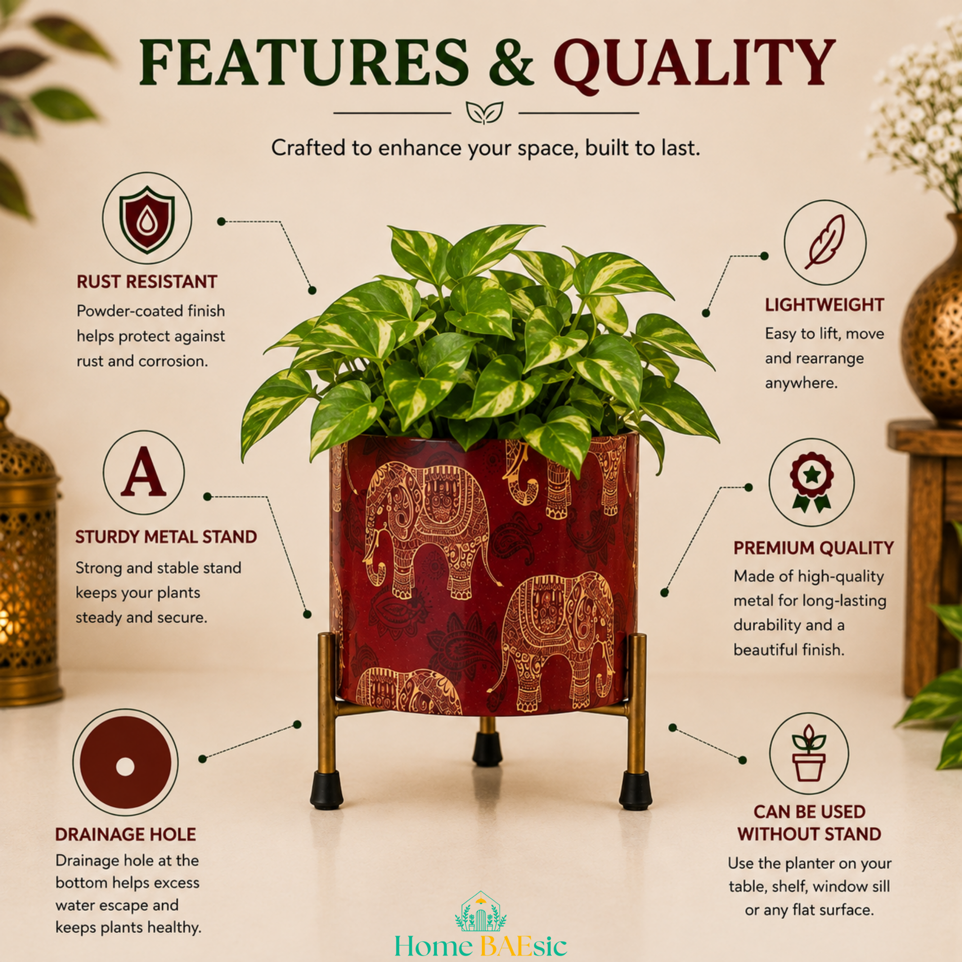 Elephant Motif metal planter with pothos plant on a sturdy stand, shown with callouts highlighting rust resistance, lightweight design, premium metal quality, drainage hole, sturdy stand, and use without stand.