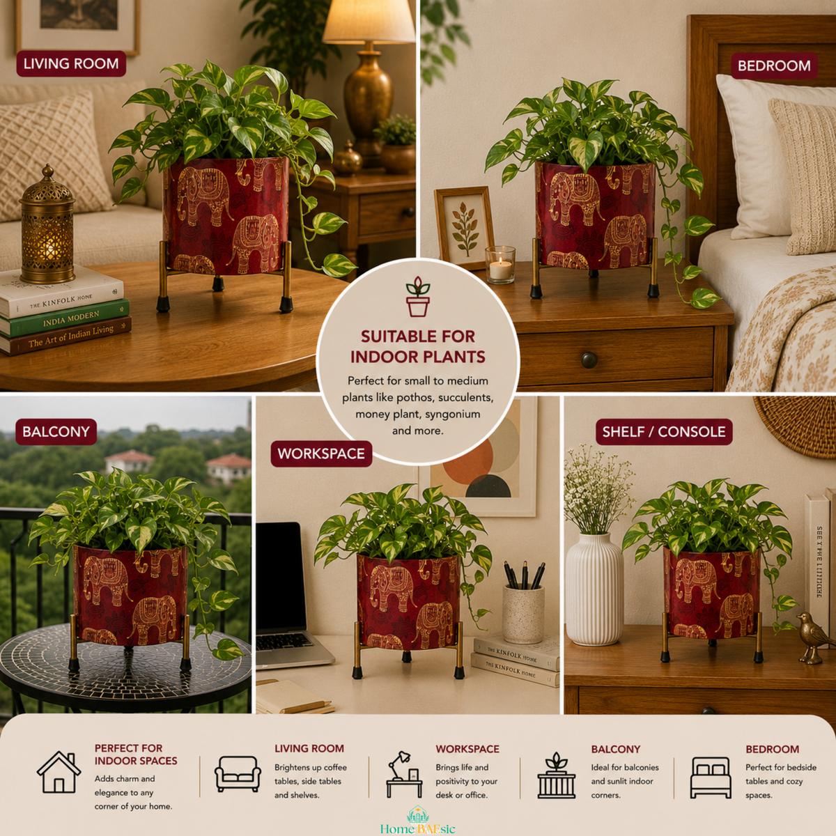 Elephant Motif metal planter shown in living room, bedroom, balcony, workspace, and shelf settings