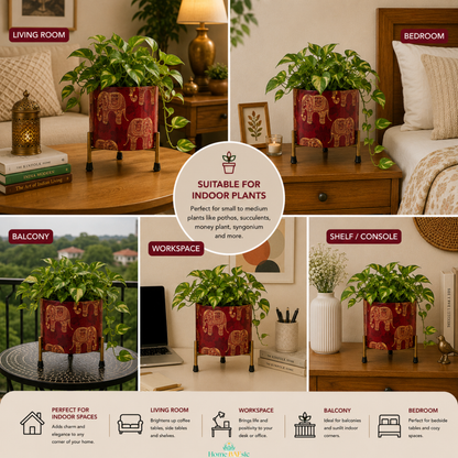 Elephant Motif metal planter with lush pothos plant displayed across living room, bedroom, balcony, workspace, and shelf settings, showing its versatility for indoor spaces.