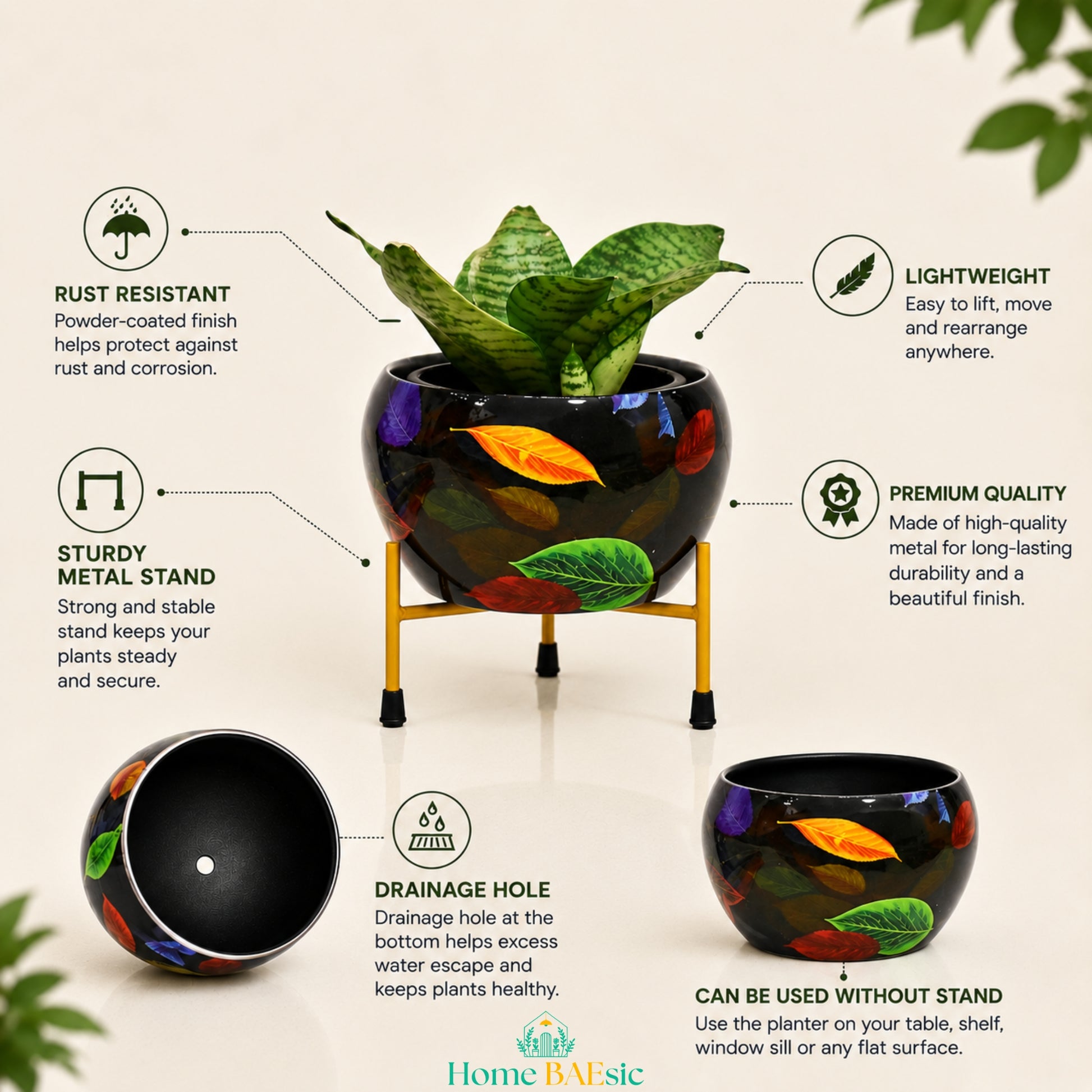Falling Leaves metal planter with golden metal stand showing rust-resistant finish, drainage hole, lightweight design and premium quality
