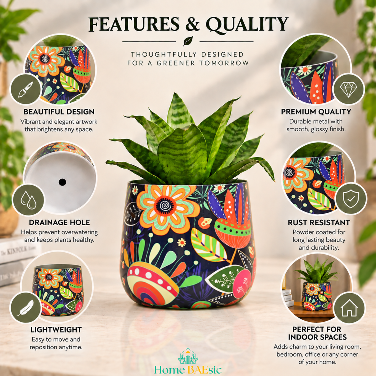 A Floral Doodle tumbler metal planter highlighting rust resistant, lightweight, drainage hole and premium quality features. Colorful floral-patterned metal planter pot with a green snake plant, surrounded by circular feature callouts on a light beige background with the headline 'FEATURES & QUALITY'