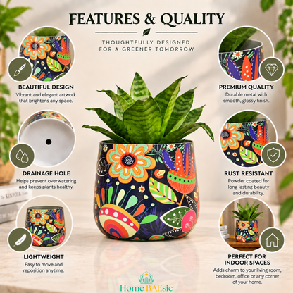 A Floral Doodle tumbler metal planter highlighting rust resistant, lightweight, drainage hole and premium quality features. Colorful floral-patterned metal planter pot with a green snake plant, surrounded by circular feature callouts on a light beige background with the headline 'FEATURES & QUALITY'