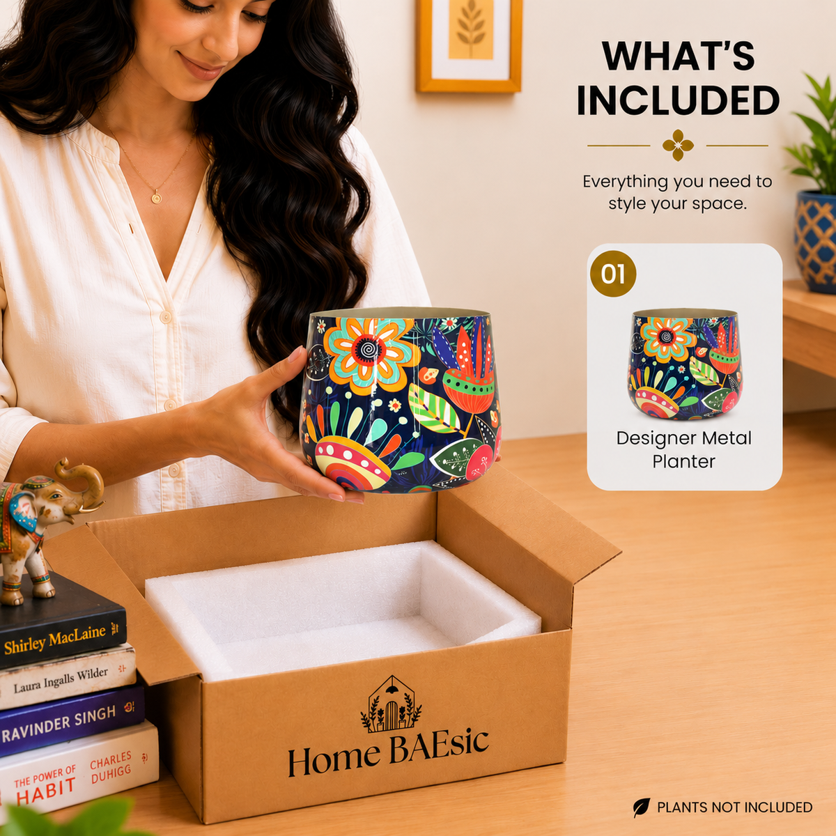 Floral Doodle designer tumbler planter by Home BAEsic shown in hand and again in the What's Included callout.