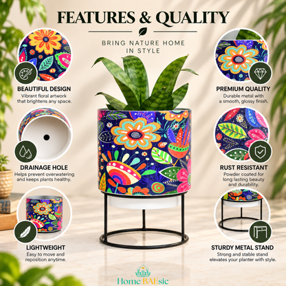 Floral Doodle Tumbler Metal Planter with stand featuring colorful floral artwork, drainage hole, lightweight metal construction, rust-resistant finish, premium quality and sturdy black metal stand.