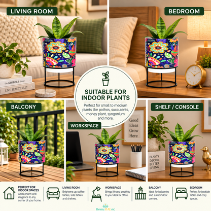 Floral Doodle designer metal tumbler planter with stand displayed in living room, bedroom, balcony, workspace and shelf settings, featuring colorful floral and leafy artwork, sturdy black metal stand and green indoor plant.