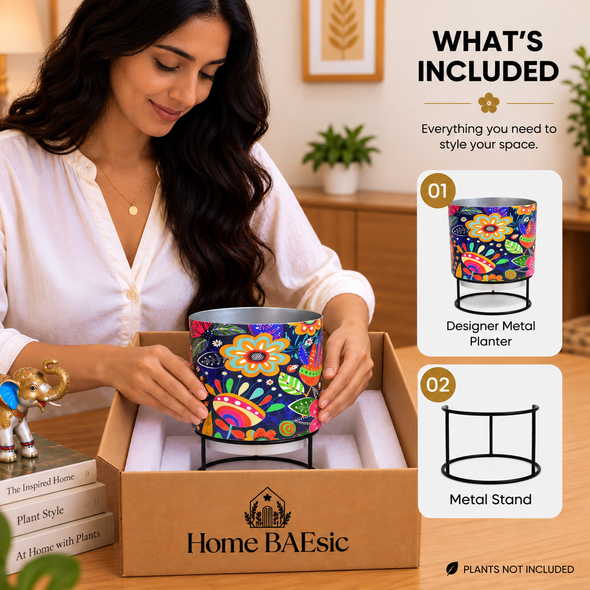 Home BAEsic Floral Doodle tumbler planter with black metal stand, shown in a lifestyle unboxing scene with the designer metal planter and matching stand highlighted as included items.