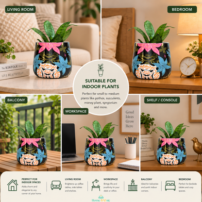 A Floral Fantasy tumbler collage showing decorative planter pot in multiple real indoor settings: living room, bedroom, balcony, and workspace/shelf. The pot is a dark blue floral pot with pink bow accents and a peach-and-blue illustrated design around the base, holding green plants.