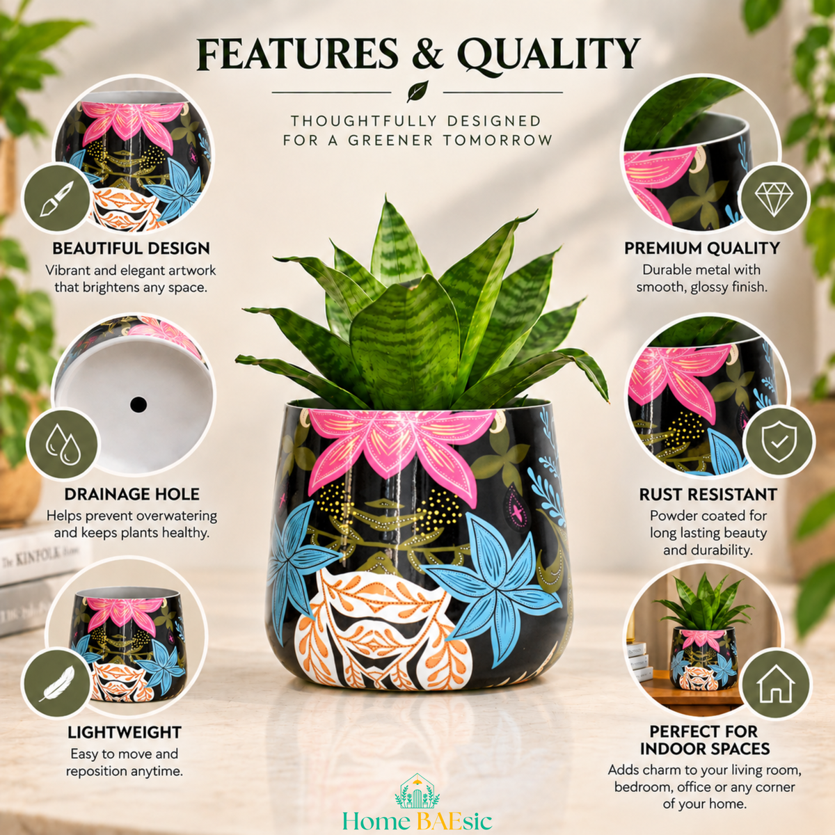 A Floral Fantasy tumbler planter decorative metal planter with a colorful floral print, callouts around it, highlighting rust resistant, lightweight, drainage hole and premium quality. The planter has a black base with pink, blue, orange, and yellow floral artwork and a green plant inside.