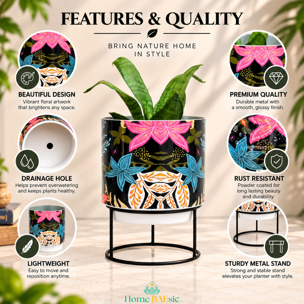 Floral Fantasy tumbler metal planter with stand featuring vibrant floral artwork, drainage hole, rust-resistant finish, lightweight metal construction, premium quality, and sturdy black metal stand.