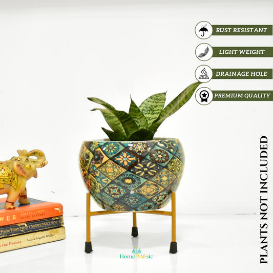 Decorative plant pot with geometric pattern. Home BAEsic Metal Planter With Stand 6 Inches For Indoor Home & Garden