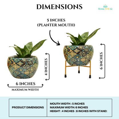 Decorative plant pot with geometric pattern. Home BAEsic Metal Planter With Stand 6 Inches For Indoor Home & Garden
