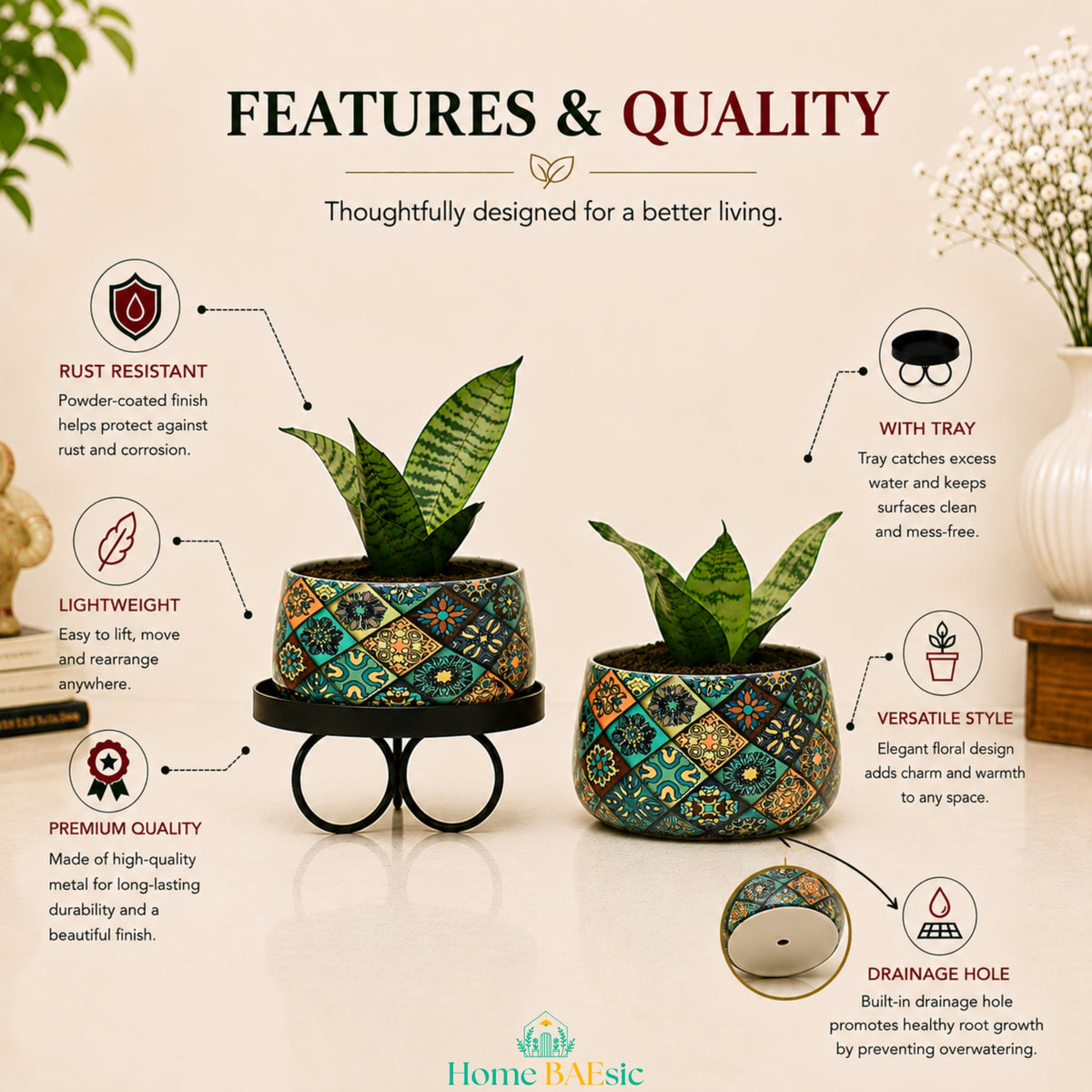 Floral Motif Tray Metal Planter with black metal tray stand showing drainage hole, rust resistant finish and premium quality features