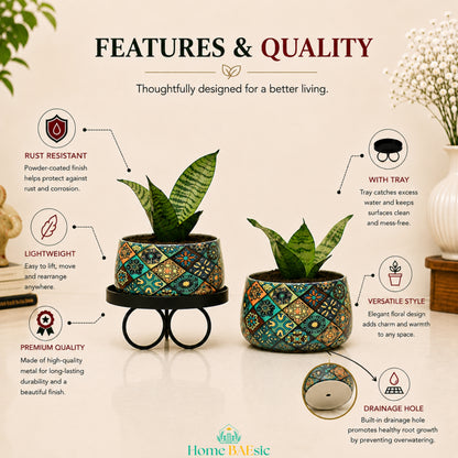 Floral Motif Tray Metal Planter with black metal tray stand showing drainage hole, rust resistant finish and premium quality features