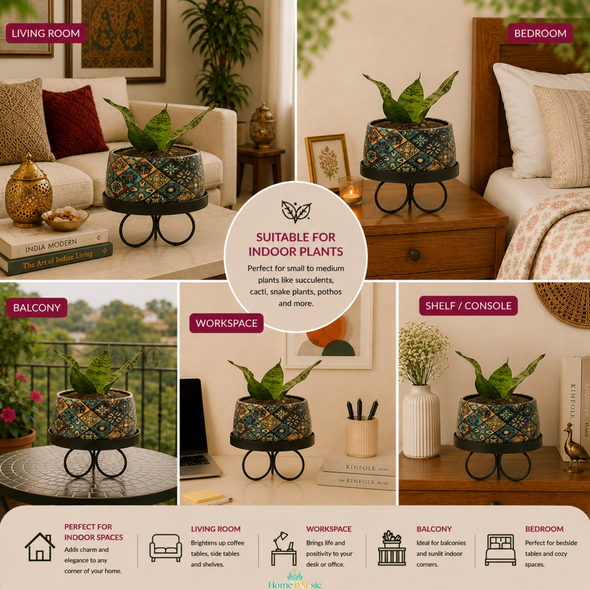Floral Motif Tray Metal Planter with stand styled in living room, bedroom, balcony, workspace and shelf settings