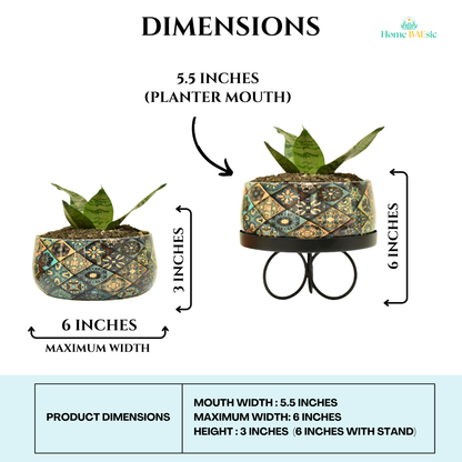 Decorative planter with a colorful patchwork motif design. Floral Motif Indoor Metal Planter With Tripod Tray For Home & Garden | Home BAEsic 