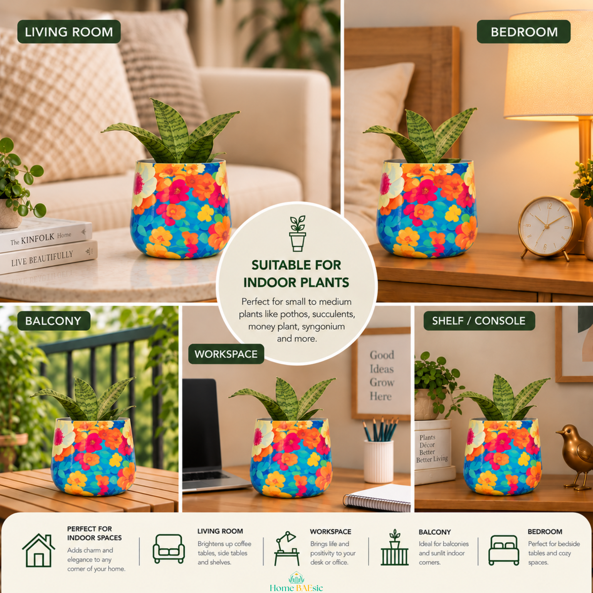 Flower Art Tumbler Metal Planter – 6 Inch Indoor Pot | Home BAEsic
