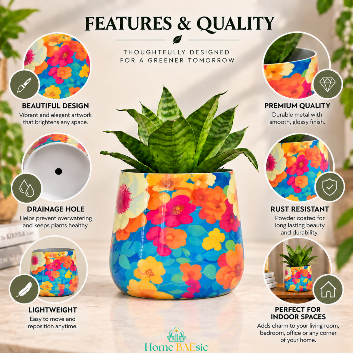 Flower Art Tumbler Metal Planter – 6 Inch Indoor Pot | Home BAEsic