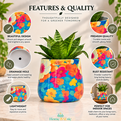 Flower Art Tumbler Metal Planter – 6 Inch Indoor Pot | Home BAEsic